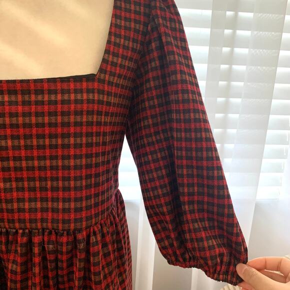 Hutch Square Neck Puff Sleeve Checker Plaid Mini Dress in Red Multi - Picture 4 of 8